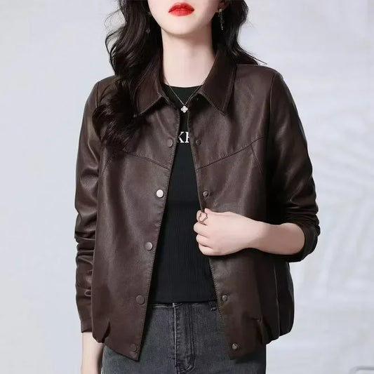 Autumn and Winter New PU Leather Jacket Vintage Women's New Casual Fashion Short Elegant Jacket All Match Chic Top