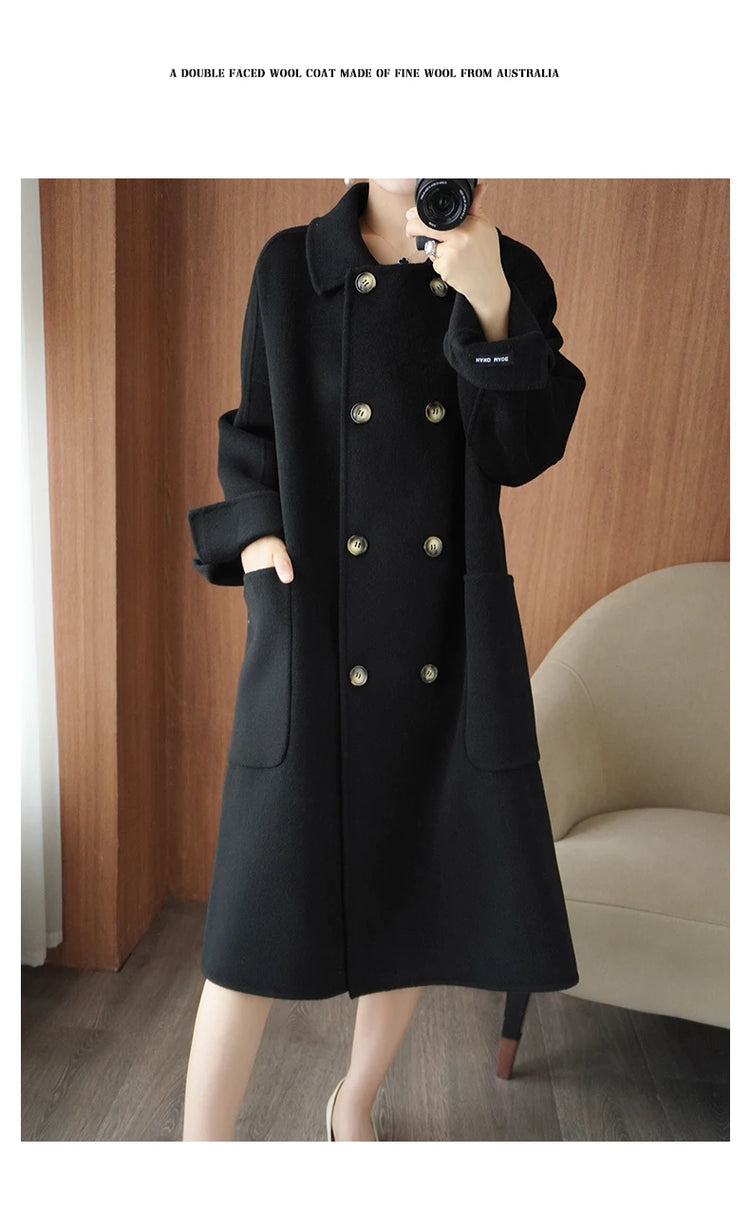 Ladies' 100% Cashmere Thick Double-Sided Extended Coat, Classic, Versatile and Fashionable for Business and Leisure
