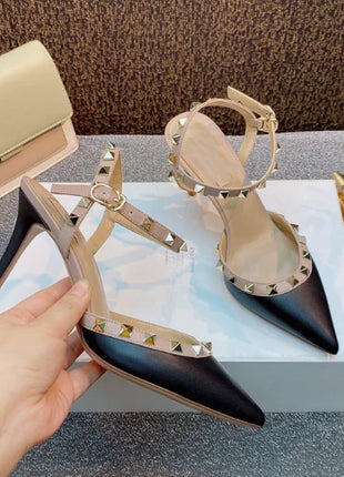 Lady autentici sandali in pelle cinturino con fibbia tacchi alti sottili scarpe alla moda Lock Gold Studs Dress Pumps 33-41 25cm White Blac