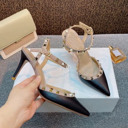 Lady autentici sandali in pelle cinturino con fibbia tacchi alti sottili scarpe alla moda Lock Gold Studs Dress Pumps 33-41 25cm White Blac