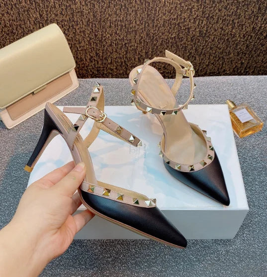 Lady autentici sandali in pelle cinturino con fibbia tacchi alti sottili scarpe alla moda Lock Gold Studs Dress Pumps 33-41 25cm White Blac