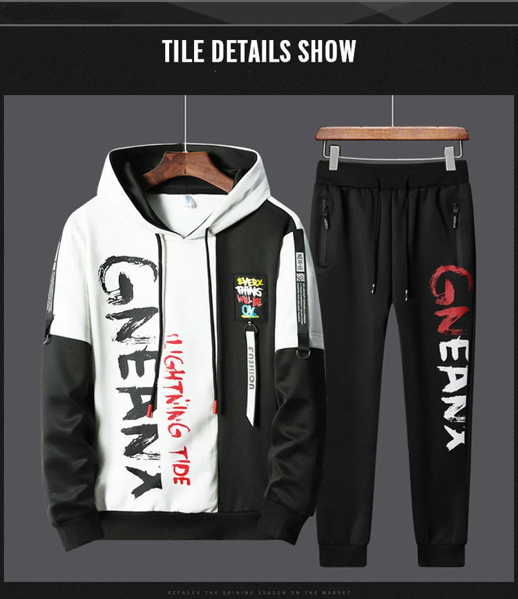 Men Tracksuit Sweat Suits Mens Patchwork 2 Piece Hoodie+Pants Set Hip Sweatpants Hop Fashion Streetwear Sports Clothing Set 4XL