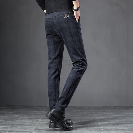 Spring Autumn Men's Korean Casual Pants Slim Straight Brushed Plaid Stretch Fashion Man Pants Office Social Business Trousers