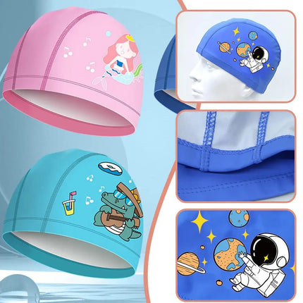 Cuffia da nuoto per bambini in tessuto PU cuffia da nuoto con turbante elastico per ragazzi e ragazze, comodi cappelli da bagno per piscina estensibili