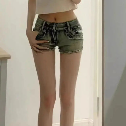 Y2K American Vintage Denim Shorts: Low Rise Cheeky Hotpants, Butt Lifting, Summer Stretch Shorts for Women, Baddie Aesthetic PlatiNum