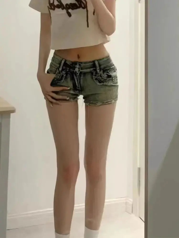 Y2K American Vintage Denim Shorts: Low Rise Cheeky Hotpants, Butt Lifting, Summer Stretch Shorts for Women, Baddie Aesthetic PlatiNum