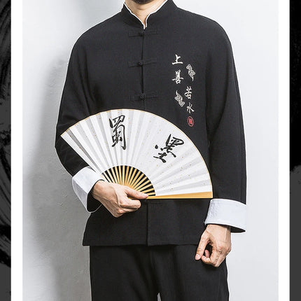 Camicie a maniche lunghe da uomo Ricamo tradizionale in cotone e lino Casual Tang Suit Cardigan da uomo Camicette Kung Fu retrò stile cinese da uomo