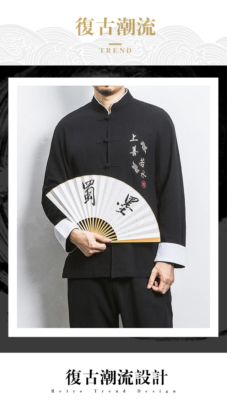 Camicie a maniche lunghe da uomo Ricamo tradizionale in cotone e lino Casual Tang Suit Cardigan da uomo Camicette Kung Fu retrò stile cinese da uomo