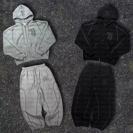 American Y2K Casual Zipper Hoodie Sweatpant Two Piece Set HipHop Oversized Embroidery Sweatshirts Men Women Casual Pants PlatiNum