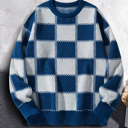 Retro Trendy Plaid Jacquard Pattern Pullover Sweater Casual Round Neck Color-Block Knit Men's Pullover