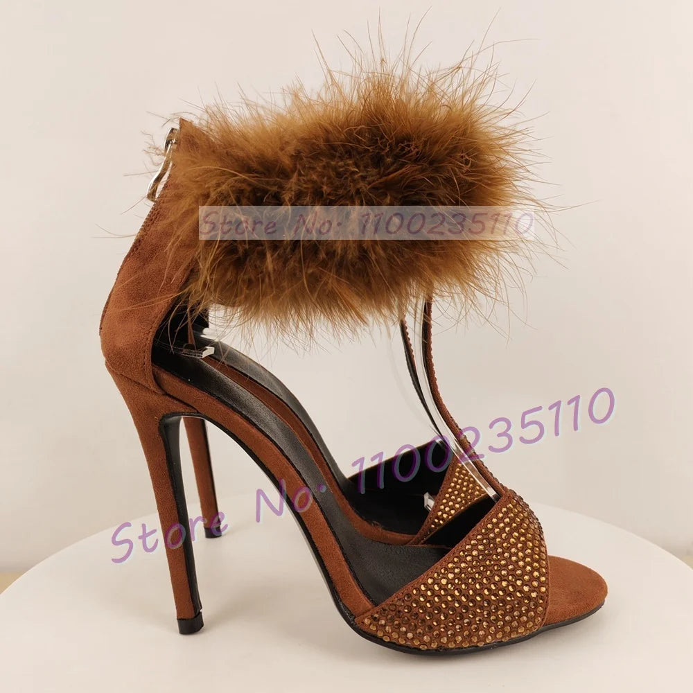 Chocolate Rhinestone T Strap Sandals Women Trendy Real Turkey Feather Ankle Strap Luxury Shoes Glittery Party High Heels Sandals