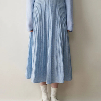 Chic Women's Cashmere Pleated A-line Skirt Autumn Winter 100% Cashmere Knitted Colorful Dots Decoration Elastic Waist Soft Dress PlatiNum