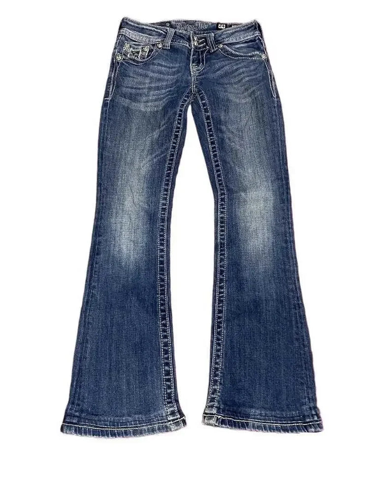 Jeans Boot Cut Retrò Miss Me da Donna, Nuovi Jeans Blu Y2K con Tasche Ricamate, Stile Hip Hop Harajuku Gotico, Pantaloni Larghi Streetwear