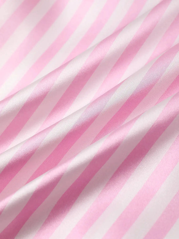 Pigiama da donna in raso di seta Set da studente a maniche corte Homewear Cardigan in due pezzi Risvolto Senso senior di strisce rosa di grandi dimensioni platinumshop