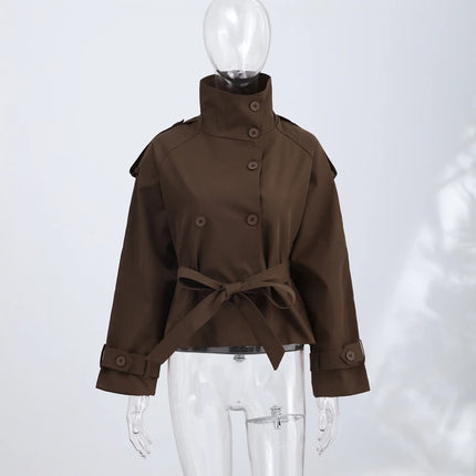 2026 Spring Women's Solid Lace Up Trench Coat Stand Collar Double Breasted Jacket Stylish New Lady Long Sleeve Outerwear Street