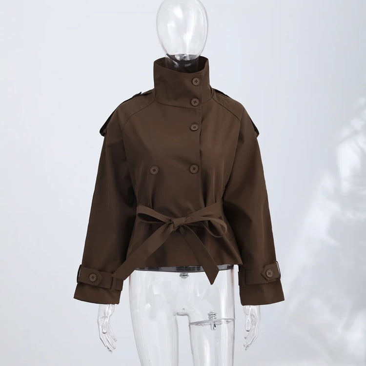2026 Spring Women's Solid Lace Up Trench Coat Stand Collar Double Breasted Jacket Stylish New Lady Long Sleeve Outerwear Street