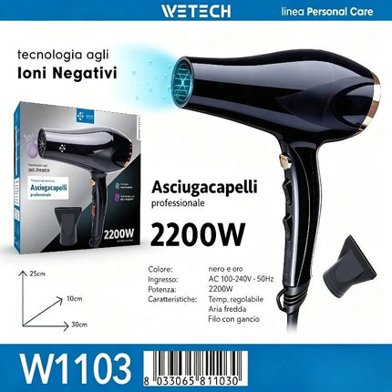 2200W Fast Dry Ionic Hair Blow Dryer 100‑240V Dual‑Voltage Hot & Cold Air Function Hanging Hook Design With Concentrator Nozzle Hair Styling Tool