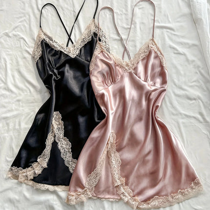 Camicia da notte da donna in due pezzi patchwork di pizzo, set pigiama sexy e confortevole per donna