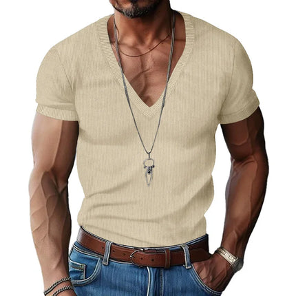 Men's European and American Summer Corduroy Solid Color Slim Casual V-Neck T-Shirt Amazon