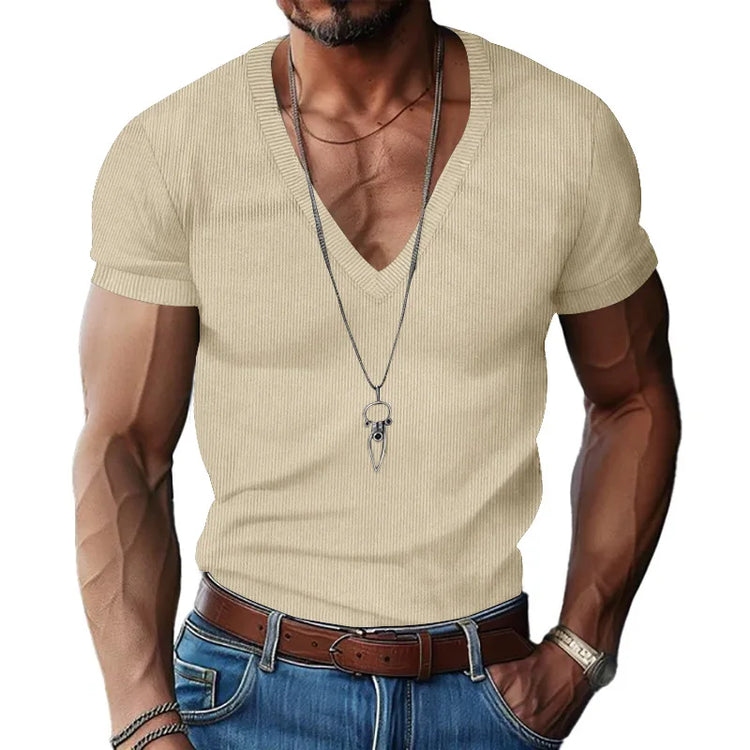 T-shirt casual slim tinta unita con scollo a V da uomo estiva europea e americana in velluto a coste da uomo Amazon