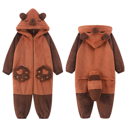 Family Matching Hooded Jumpsuit Cartoon Cypabara Onesie Winter Warm Sleepwear Boys Girls Pajamas Christmas Cartoon Home Clothes