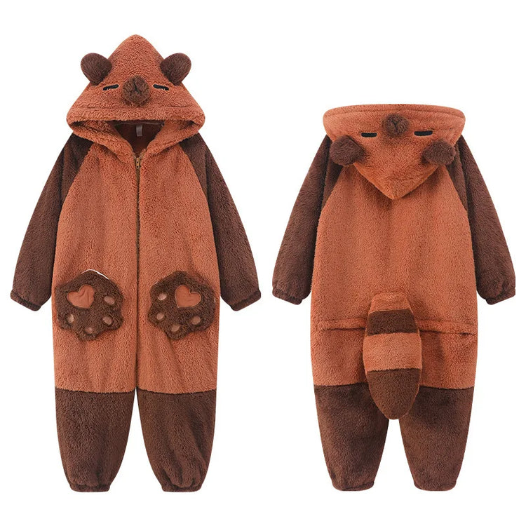 Family Matching Hooded Jumpsuit Cartoon Cypabara Onesie Winter Warm Sleepwear Boys Girls Pajamas Christmas Cartoon Home Clothes