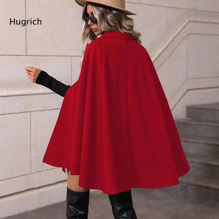 Ladies Mid Length Cape Coat Round Neck Double Breasted Metal Buttons Sleeveless Loose Cloak Outer Jacket For Party
