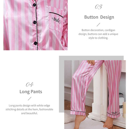 Pigiama da donna in raso con stampa a righe Victoria Autunno Manica lunga Bottoni Risvolto Top e pantaloni Indumenti da notte Comfort Indumenti da notte dalla vestibilità rilassata
