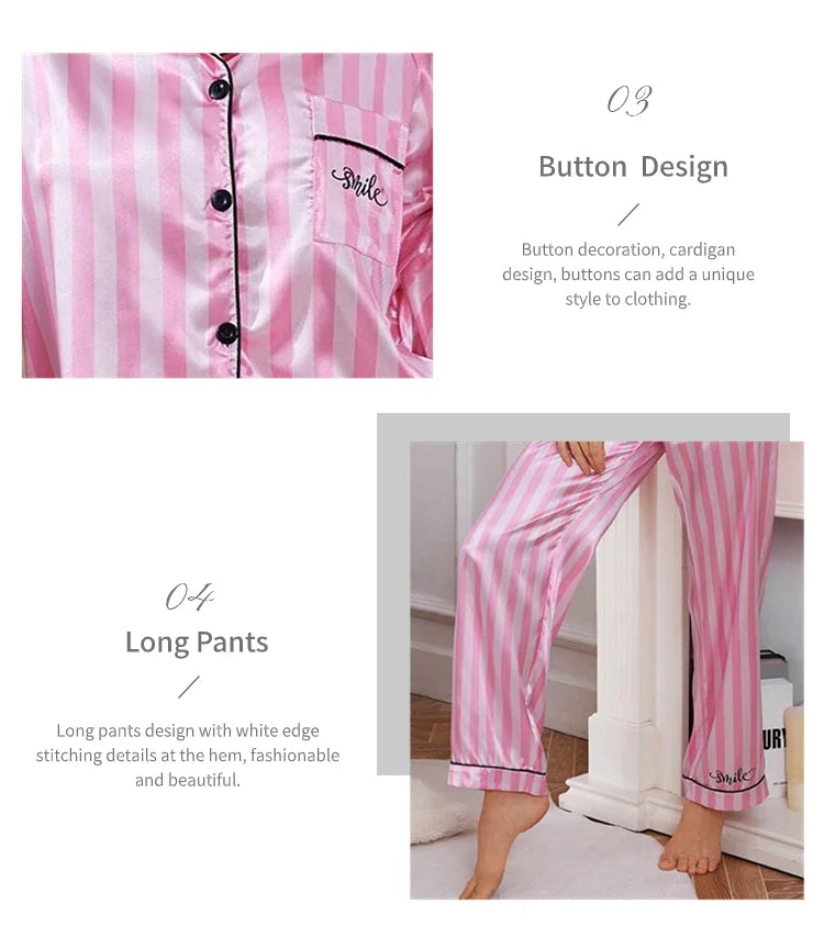 Pigiama da donna in raso con stampa a righe Victoria Autunno Manica lunga Bottoni Risvolto Top e pantaloni Indumenti da notte Comfort Indumenti da notte dalla vestibilità rilassata