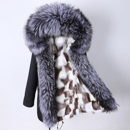 Winter Long Jacket Real Fur Coat Women Clothes Large Silver Fox Fur Collar Detachable Natural Fox Lining Parkas Leather Fur