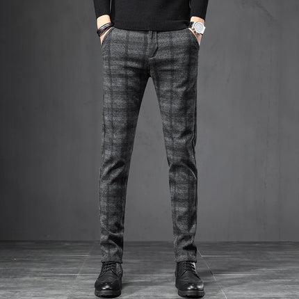 Spring Autumn Men's Korean Casual Pants Slim Straight Brushed Plaid Stretch Fashion Man Pants Office Social Business Trousers