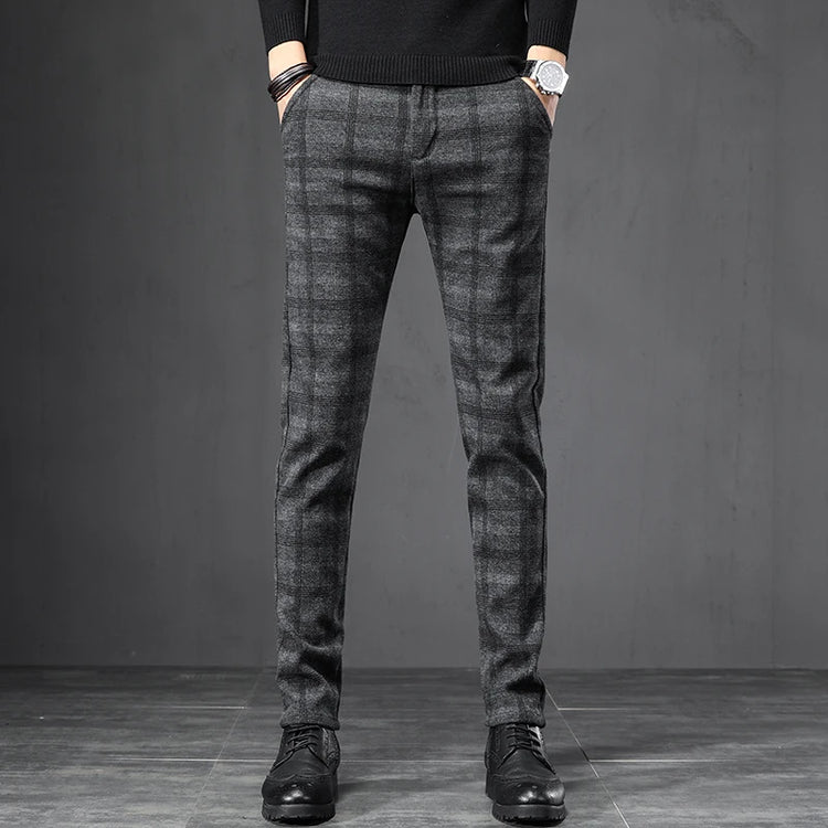 Spring Autumn Men's Korean Casual Pants Slim Straight Brushed Plaid Stretch Fashion Man Pants Office Social Business Trousers