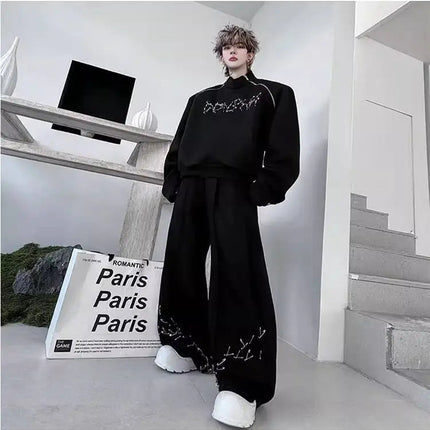 LUZHEN Fashion Street Two-piece Sets Men's Zipper Shoulder Design Long Sleeve Sweatshirt 2025 Autumn Loose Wide Leg Pants JY3912 PlatiNum