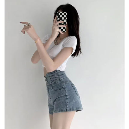 Women's super high waisted denim shorts for summer girls, new black A-line waist cinching slimming design, hot pants PlatiNum