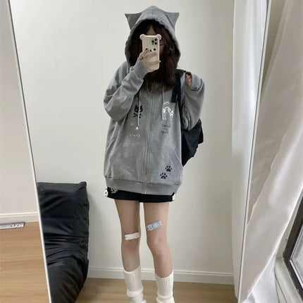 Zipper Hoodie Gothic Cartoon Kawaii Cat Ear Y2k Jacket Zip Up Thin Coat Spring Autumn Cute Core 2000s Clothes Fall Sweatshirts