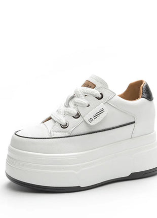 Fujin 9cm 3 inch comfortable platform sneakers for women Genuine Leather Women Vulcanized Shoes Platform High Heels Casual Shoes PlatiNum