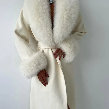 Retro Black Fur Patchwork Woolen Coat Women Chic Full Sleeve V-neck Lace Up Loose Long Overcoat 2025 Lady Winter Commute Outwear