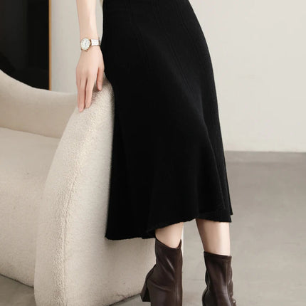 Grace Women's Skirt 100% Merino Wool Skirt Hip Hugging A-Line Wave Skirt Knitted Warm Autumn Winter Dress Slim Office Lady Skirt PlatiNum