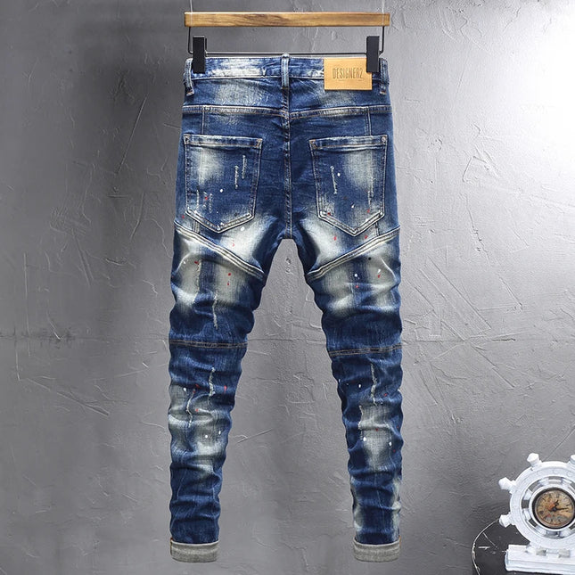 Street Designer Fashion Men Jeans Retro Blue Stretch Slim Fit Spliced Ripped Jeans Men Y2K Painted Vintage Denim Pants Hombre PlatiNum