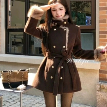 Winter Korean Fashion Wool Coat for Women Slim Fit Double Breasted Belted Fur Collar Jacket Elegant Chic Warm Long Outerwear
