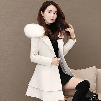 2023 New Winter Women's Woolen Blend Coat A-Line Double-Breasted Jackets Female Fur Collar Office Lady Wool Outwear