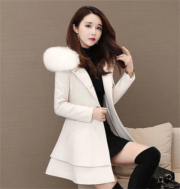 2023 New Winter Women's Woolen Blend Coat A-Line Double-Breasted Jackets Female Fur Collar Office Lady Wool Outwear