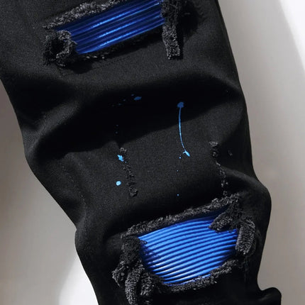 Men's Jeans Cool Ripped Skinny Trousers Stretch Slim Denim Pants Patchwork Hip Hop Black Blue Casual Jogging Jeans for Men PlatiNum