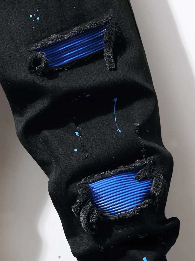 Men's Jeans Cool Ripped Skinny Trousers Stretch Slim Denim Pants Patchwork Hip Hop Black Blue Casual Jogging Jeans for Men PlatiNum