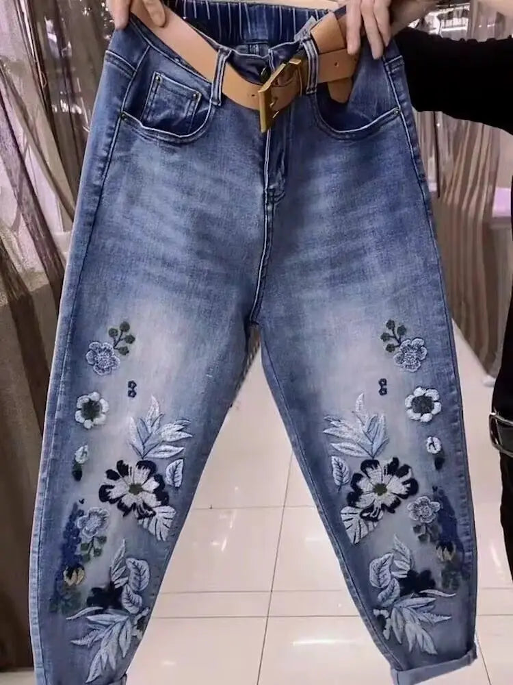 Elastico in vita Primavera e autunno Nuovi jeans a vita alta Pantaloni Harlan larghi e sottili da donna Pantaloni versatili da donna Jeans blu