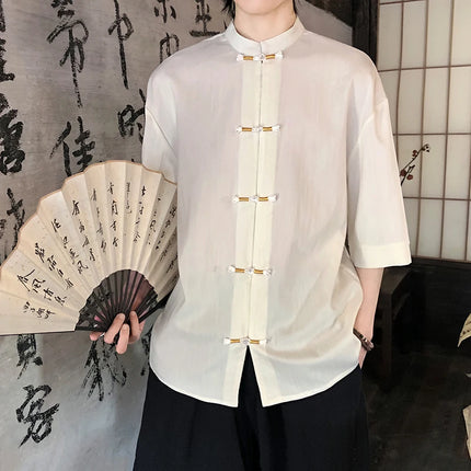 Camicia sottile estiva da uomo in stile giapponese tradizionale retrò in lino a maniche corte traspirante comoda camicia casual da uomo alla moda
