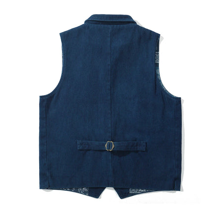 Vintage Lapel Waistcoat Men Autumn Winter New Kendo Fabric Multi-pocket Indigo Jacket Suit Vest Handmade Blue Dyed Cardigan Coat