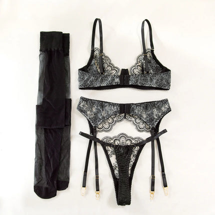 Sexy Wine Red Lace Trim Underwire Bra Lingerie Set Cut Out Garter Belt Matching Thong Intimate Sheer Nightwear Apparel Women