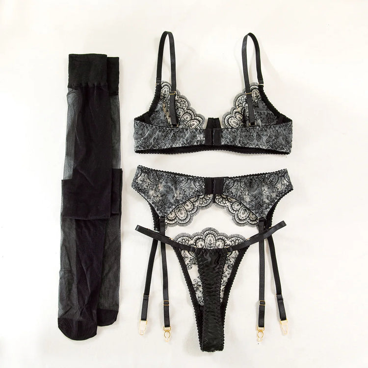 Sexy Wine Red Lace Trim Underwire Bra Lingerie Set Cut Out Garter Belt Matching Thong Intimate Sheer Nightwear Apparel Women