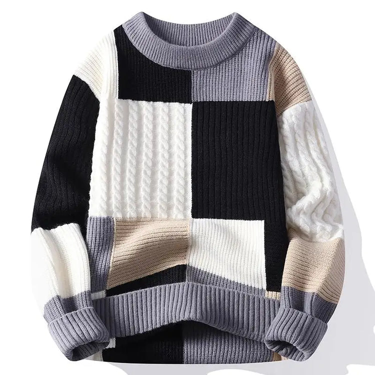 New Trendy Autumn and Winter Jacquard Pattern Pullover Sweater Casual Round Neck Color-Blocking Knit Men's Pullover